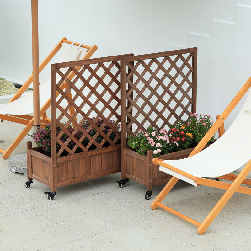 37'' H  2 Piece  Mobile Outdoor Raised Garden Bed Wood Planter Box with Trellis and wheels, Brown