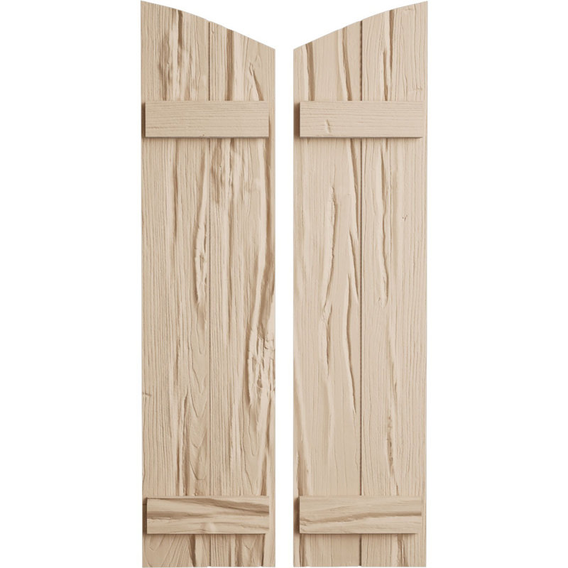 Timberthane Joined Board-n-Batten w/Elliptical Top Faux Wood Shutters, 42", Riverwood Texture/Primed Tan, 11"