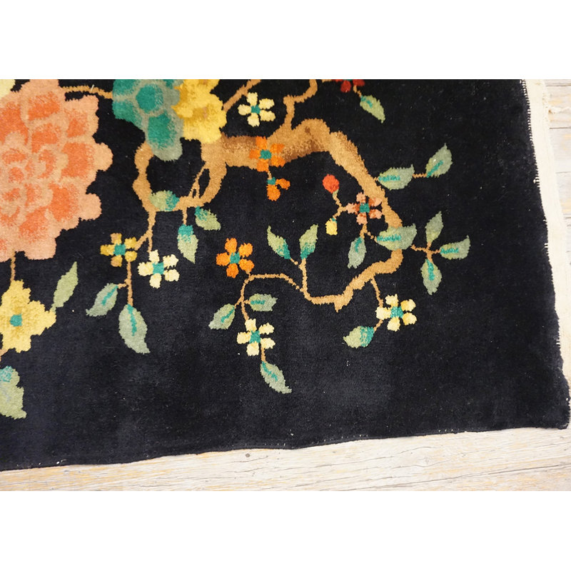 Floral Medallion Black Wool 1920s Antique Hand Knotted Pile Rectangle Rug