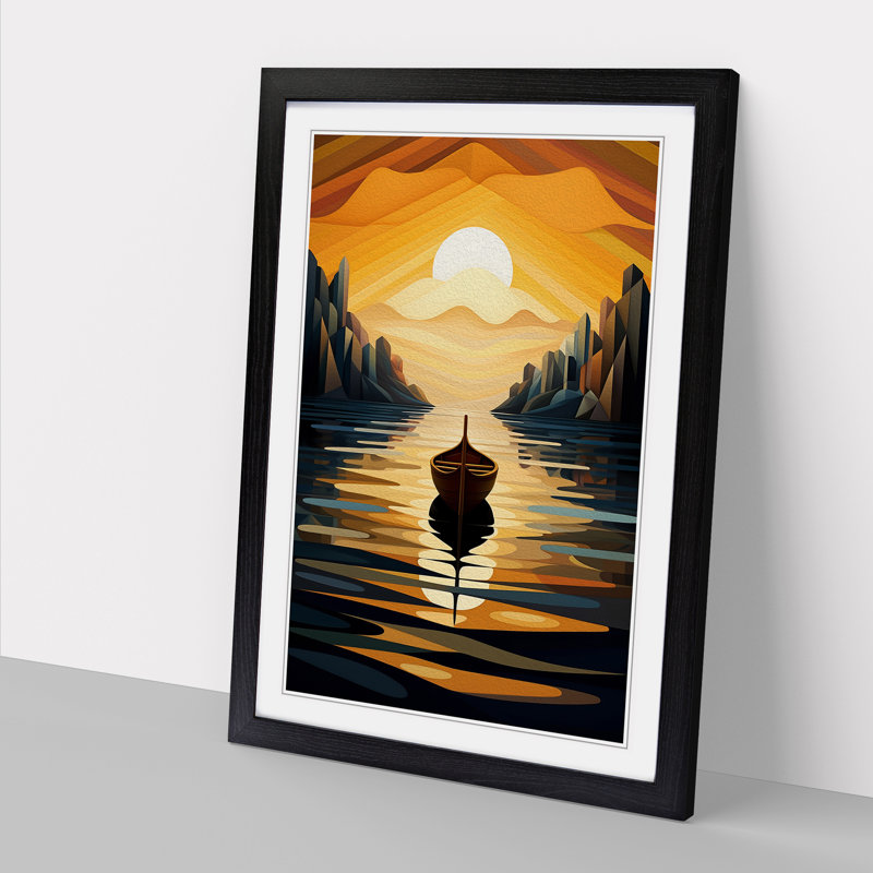 Boat on a Lake Art Deco - Framed Print, Black Framed, 46cm H x 34cm W x 2cm D