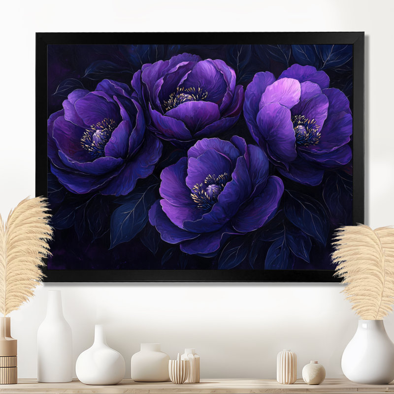 Pivoines mauves, Midnight Bloom II - pivoines, art mural, H 24 po x l 32 po, Reproduction encadrée d'une seule photo, Noir