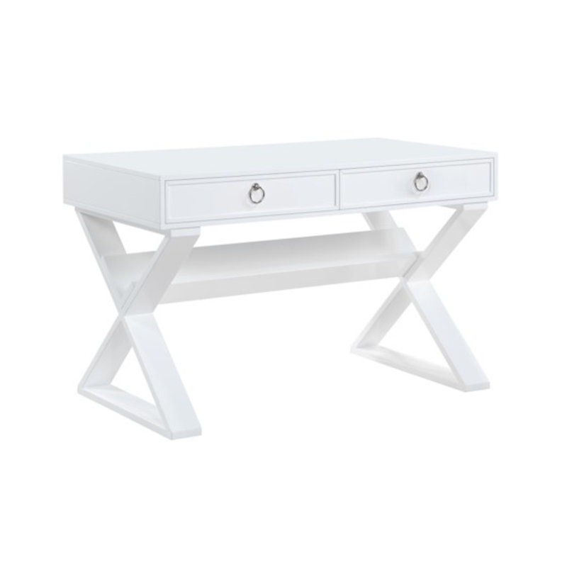 Bureau blanc brillant Everly avec base en X et 2 tiroirs sur tablette de rangement