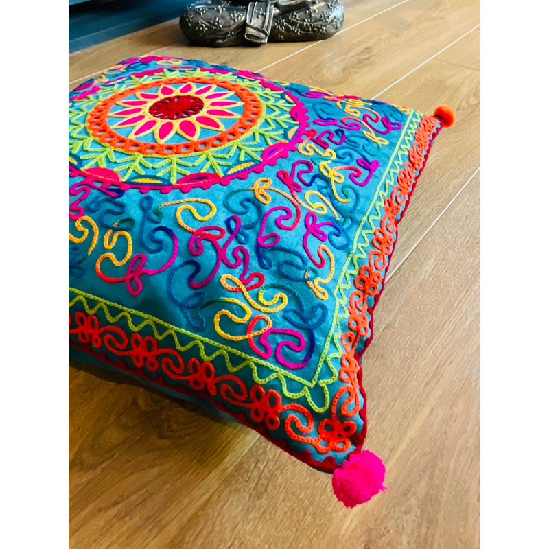 Handmade Embroidered Multi Colour Bohemian Vibrant 40 cm x 40 cm Cushion Covers Three Designs, Blue