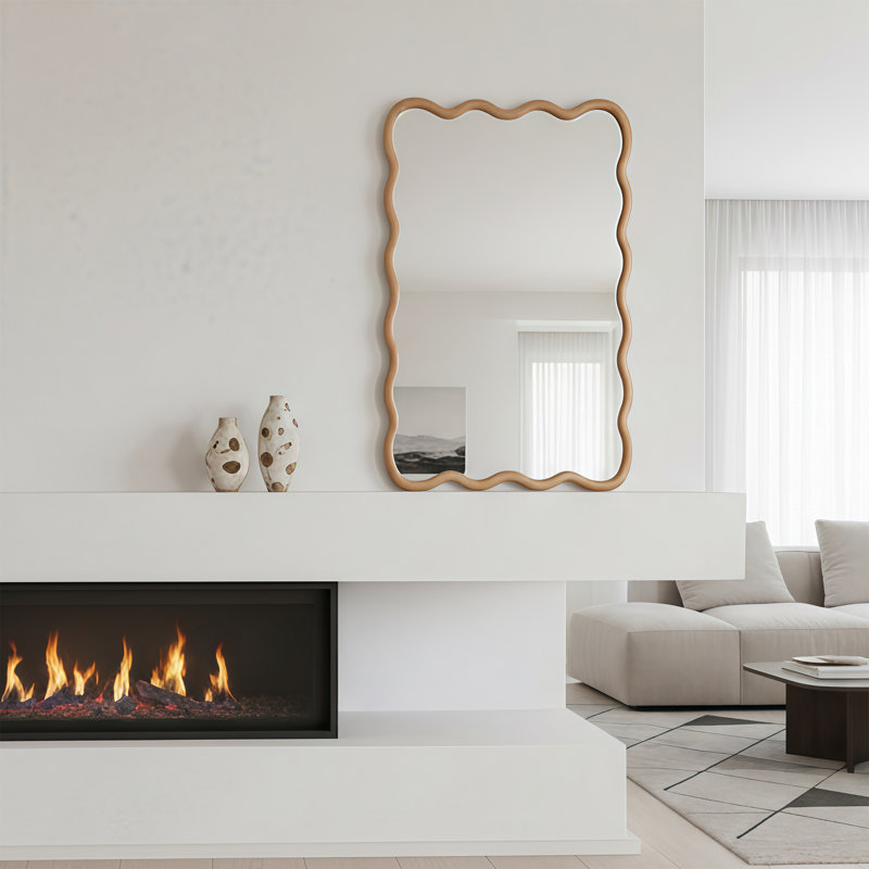 Wavy Rectangle Solid Wood Frame Decorative Mirror For Bedroom, Bathroom, Living Room, Entryway, Natural, 30" x 20"