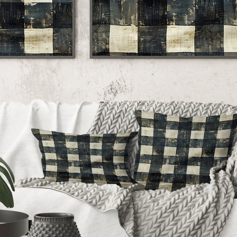 Coussin décoratif noir et gris Gingham III - Mid-Century, H 16 po x l 16 po