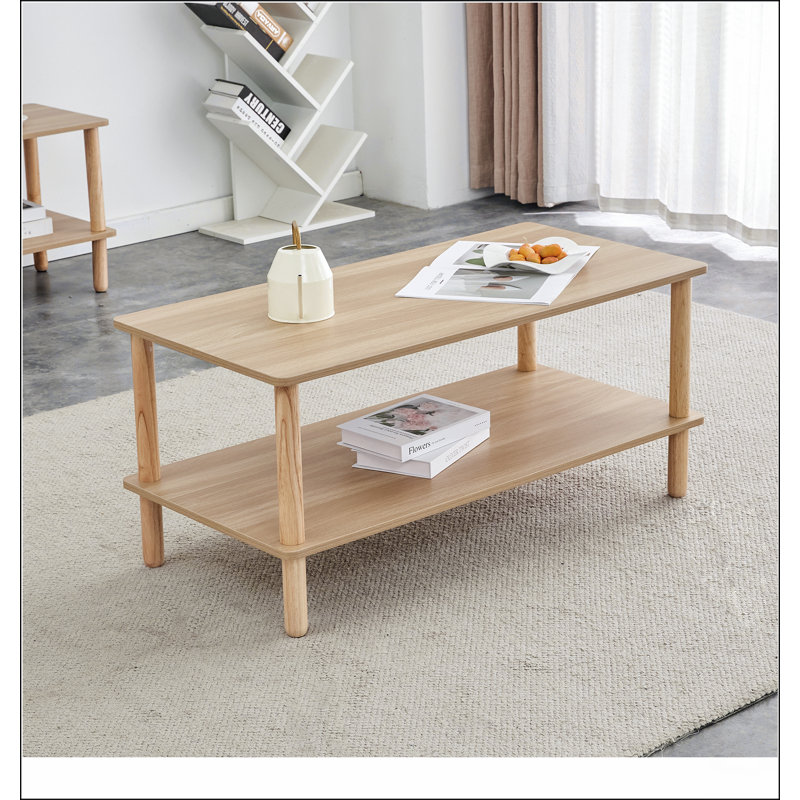 Table basse moderne à 2 niveaux pour meubles de salon, table centrale rectangulaire avec tablette de rangement ouverte, pieds arrondis en bois d'hévéa, stable et durable, assemblage facile