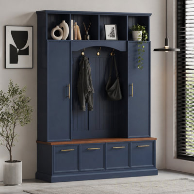 Élégant portemanteau 4-en-1 avec crochets et poignées dorés, banc pratique en noyer avec tablettes réglables, porte-manteau et porte-chaussures en bois de style H 76,7 po