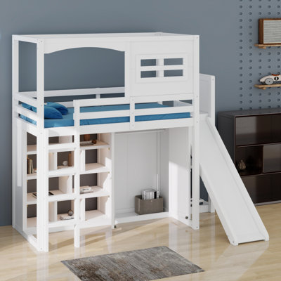 Lit mezzanine en bois avec garde-robe, tablettes de rangement, glissoire et DEL