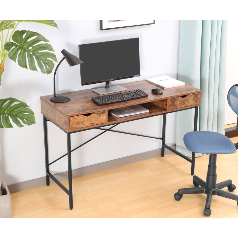 Hakes 47" Wooden Writing Desk with Drawers & Metal Frame, Rustic Brown/Black