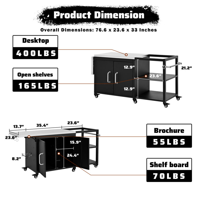 Chariot de barbecue extérieur 76,6 po avec armoire de rangement