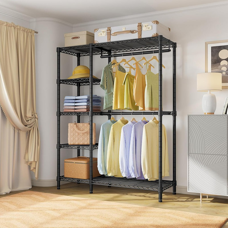 Portant à vêtements autoportant à 5 niveaux avec tablettes, portemanteau en métal robuste, système de garde-robe portatif, capacité de charge maximale de 670 lb - noir