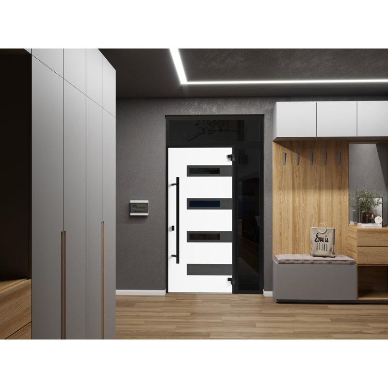 Façade avant en acier pré-suspendue / gris Ronex 0131 / fenêtre extérieure latérale et supérieure en métal / entrée en métal moderne peinte l 36 po x H 14 po x H 80 po et gauche