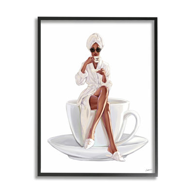 Chic Coffee Teacup Woman Sipping Robe Sunglasses Oversized Black Framed Giclee Texturized Art by Ziwei Li