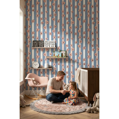 Double rouleau de papier peint amovible bleu pastel Peach Pink Blossoms
