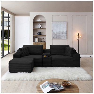Canapé modulaire modulaire avec assise profonde, tissu en velours côtelé, porte-gobelets, ports USB, rangement et repose-pieds mobile pour le salon