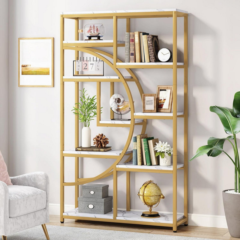 68.89"Height Industrial 5-Tier White & Gold Corner Etagere Bookshelf With 9 Open Shelves Storage Organizer For Living Room, Bedroom