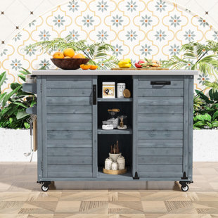 Extendable Outdoor Kitchen Island, Grill Cart with Stainless Steel Top and Trash Storage for Garden