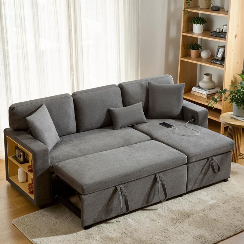 Mitzi  Beige Grey Oxford Cloth Fabric 3 Seater Corner L-Shaped Sofa Bed Couch , Pull Out Sectional Couch Bed with Open Storage, Bed Box and Integrated Shelf