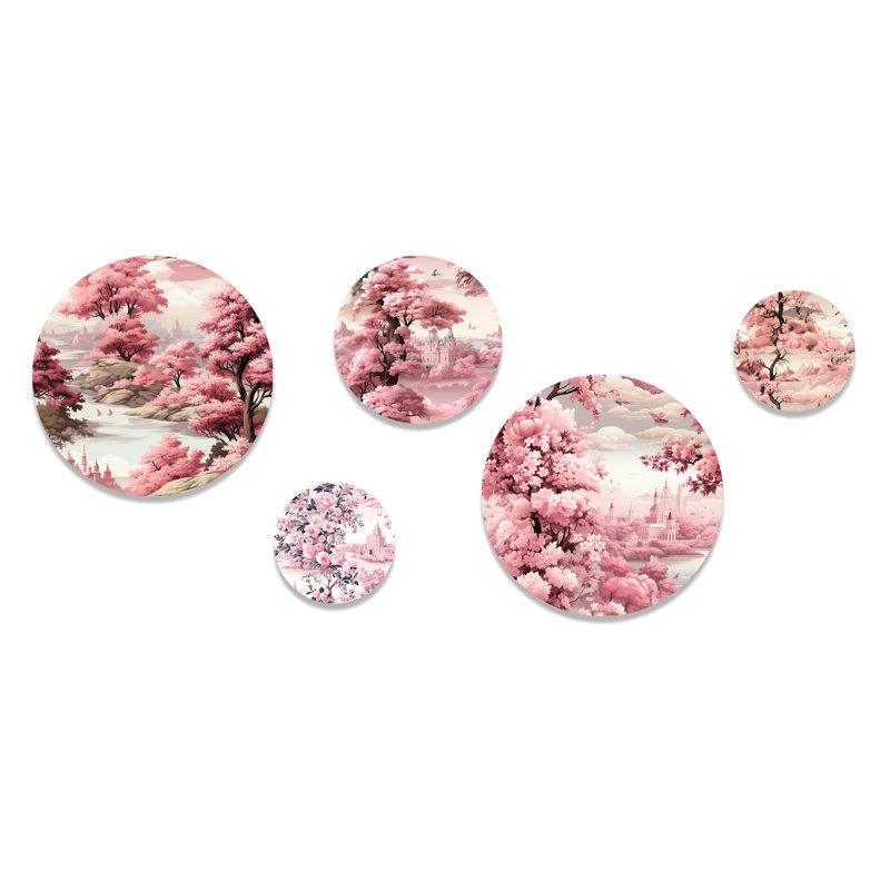 Victorian Castle Pink Floral Metal Wall Art Set of 5