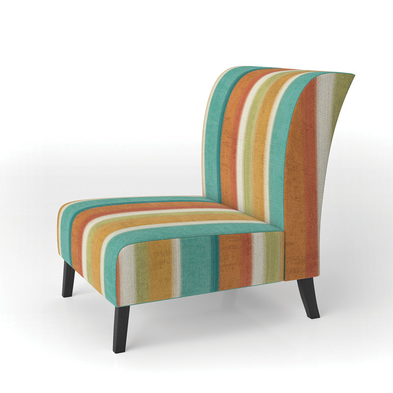 Blue, Green and Orange Vertical Abstract Stripes - Mid-Century Velvet Upholstered Slipper Chair, Black