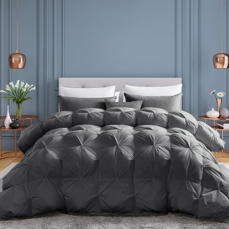 Insert de couette en duvet d'oie luxueux plissé gris toutes saisons luxueux, conception à plis pincée de qualité supérieure, housse 100% coton anti-duvet, pouvoir de remplissage de 750+, 60 à 80 oz. Poids du rembourrage