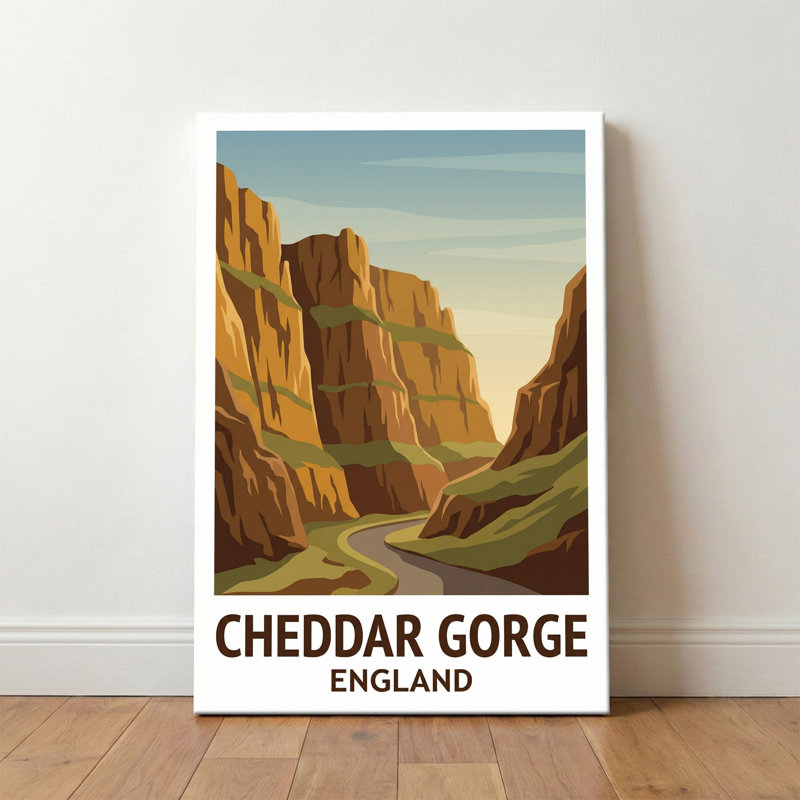 Cheddar Gorge, England - Romantic Travel-Poster Of Somerset's Dramatic Cliffs. Giclee Print On Wrapped Canvas. Wall Art, Home Decor - Natural Landmarks, England - Wrapped Canvas Print
