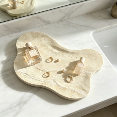 Plateau de meuble-lavabo en forme de nuage en travertin naturel, plateau de rangement décoratif 13,3 x 8,3 po pour comptoir de salle de bain, plateau de parfum en marbre beige pour table basse et table de chevet commode