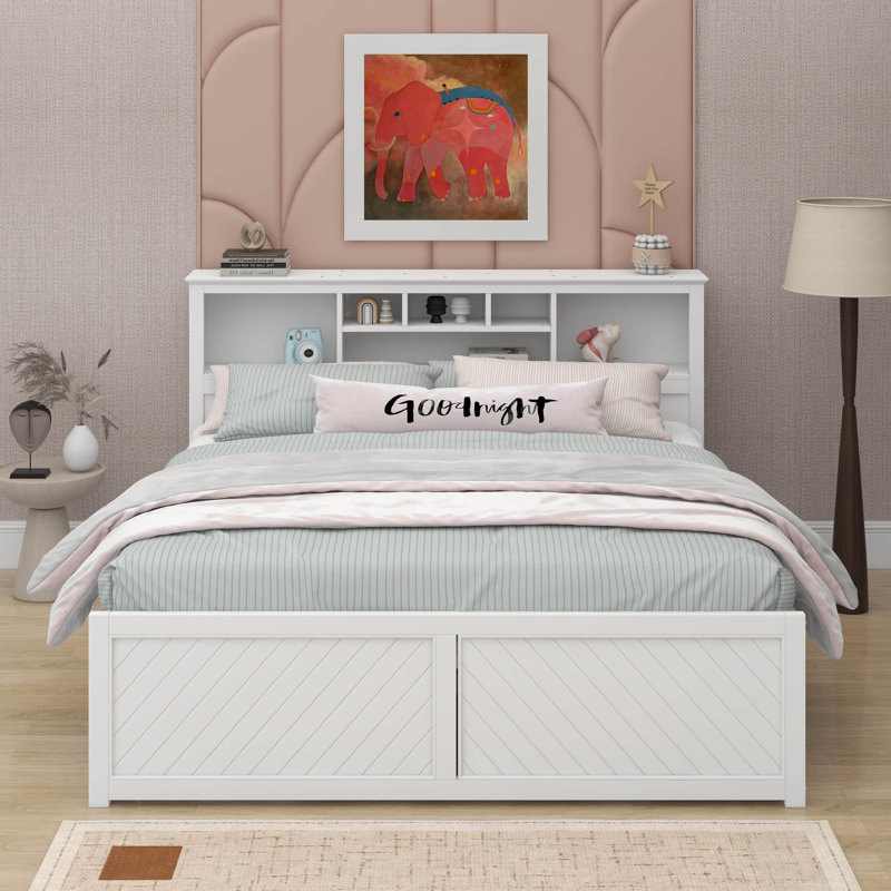 Très grand lit en bois avec tête de lit à rangement multiple, port USB et tiroirs, Blanc