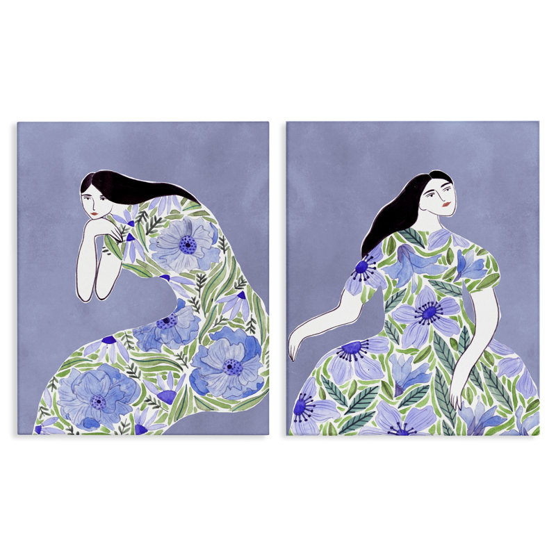  "Floral Women on Purple", ensemble de 2 toiles murales par Melissa Wang, H 30 po x l 24 po