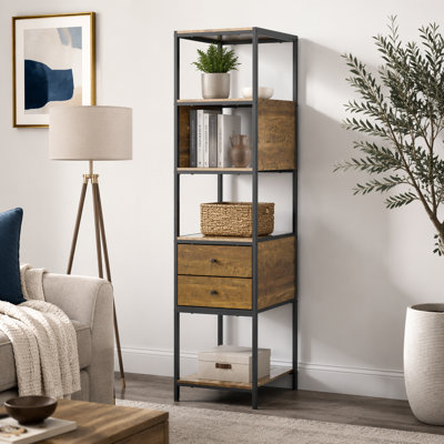 Industrial Metal and Wood Bookshelf with 2 Dog Bowls, Standing Display Shelf, Pet Feeder Station, Brown