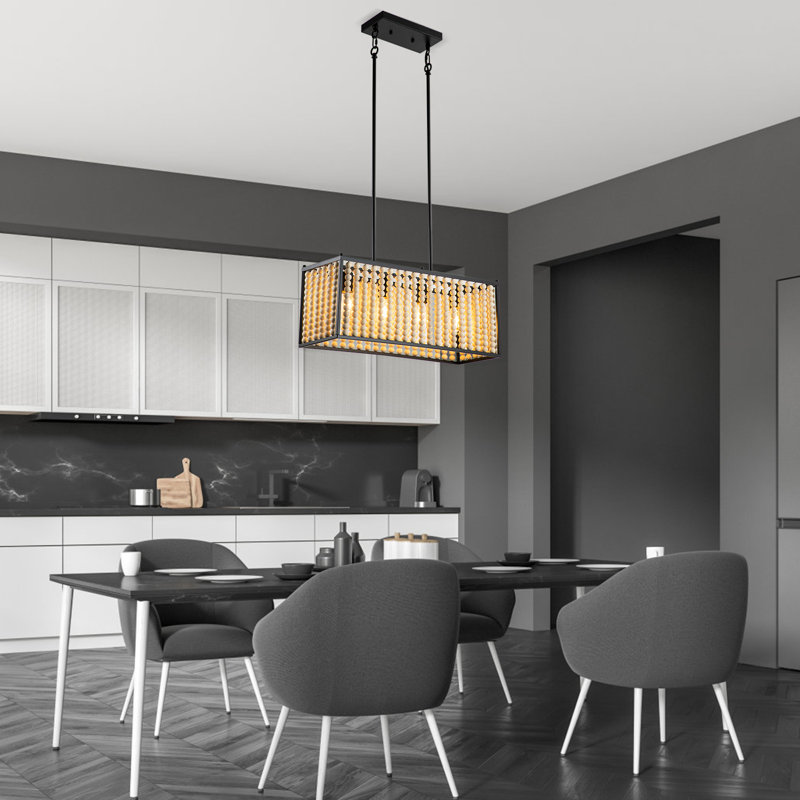 Luminaire suspendu rectangulaire à 4 lumières pour îlot de cuisine avec détails en bois Bailey-Kye
