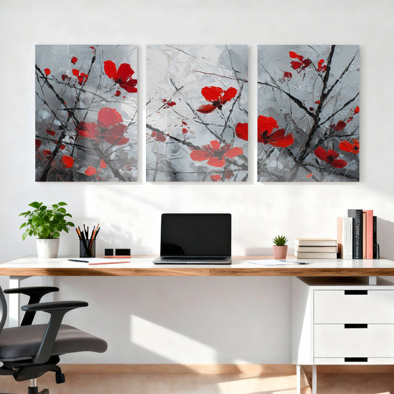 Ensemble de 3 tableaux abstraits floraux à motif de coquelicots rouges sur toile tendue, H 18 po x l 36 po