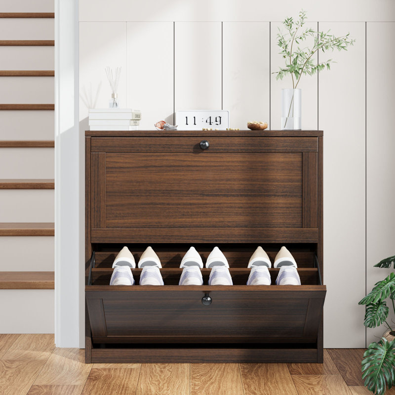 Armoire de rangement à chaussures Whalan avec 2 tiroirs rabattables, Noyer