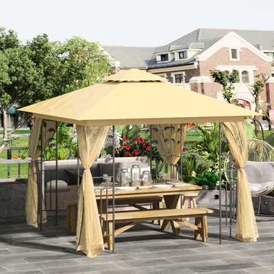 Gazebo d'extérieur beige 10x10 avec double toile et motif d'arbre, pour terrasse de 10 pi x 10 pi, coins renforcés pour une meilleure stabilité.