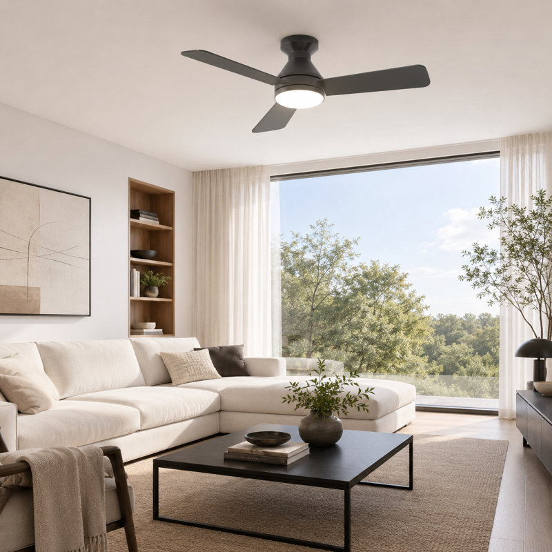 42" 3-blade Ceiling Fan With Light And Remote Control, Flush Mount, Reversible Dc Motor With 6 Speeds, 3cct Led, Black, Black