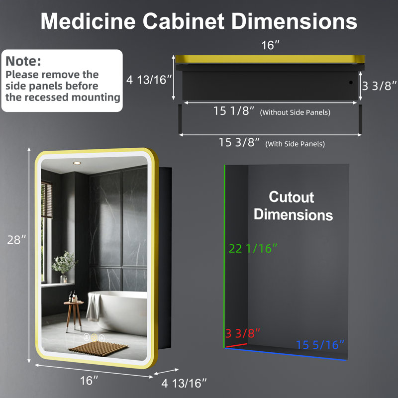 16" W x 28" H Fruzsina Modern Iron Framed Surface/Recessed Mount Medicine Cabinet with Mirror, Adjustable Glass Shelves, Dimmable Lighting, Anti-Fog and Memory Function for Makeup, Shaving or Bathroom Vanity Storage