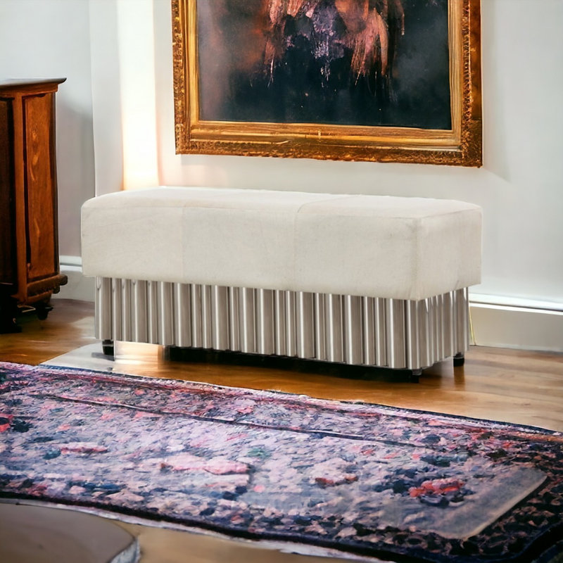  Banc rembourré en cuir véritable Marcello avec base en acier inoxydable, 48 x 18 x 18