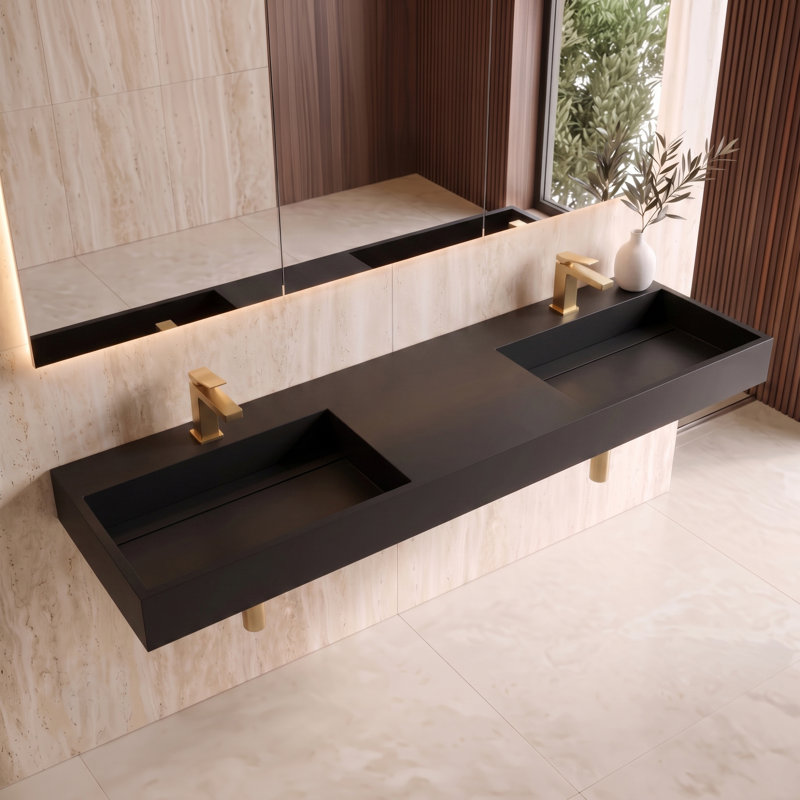 Lavabo de salle de bain mural à surface flottante avec drain dissimulé 72 po Juniper - Noir, Noir, Lit double
