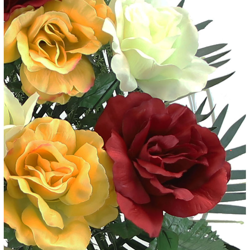 Silk Rose Arrangement in Basket, Red/Yellow/White