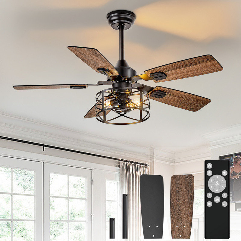 42 Inch Caged Ceiling Fans with Lights, Dual Finish 5 Black Walnut Blades Hanging Fan, Rustic Ceiling Fan with Remote APP Control for Farmhouse Indoor/Outdoor Use