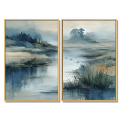 «Blue and Grey Foggy Morning River Run», art sur toile, paysage bleu, art mural 2 pièces