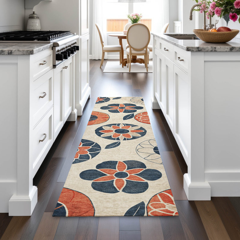 Tapis floral intérieur / extérieur lavable à la machine Kimberlin ACN2179, Tapis de couloir 2 pi 3 po x 7 pi 6 po