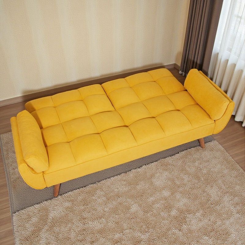 Edriel 75.39" Futons Upholstered Convertible Sofa, With Tapered Wood Legs And Adjustable Backrest, Yellow Linen