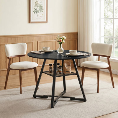 Industrial Round 42in Black Dining Table & 2-piece Beige Upholstered Solid Wood Dining Chair, Fixed Kitchen Table With Mesh Storage Shelf And Cross Le