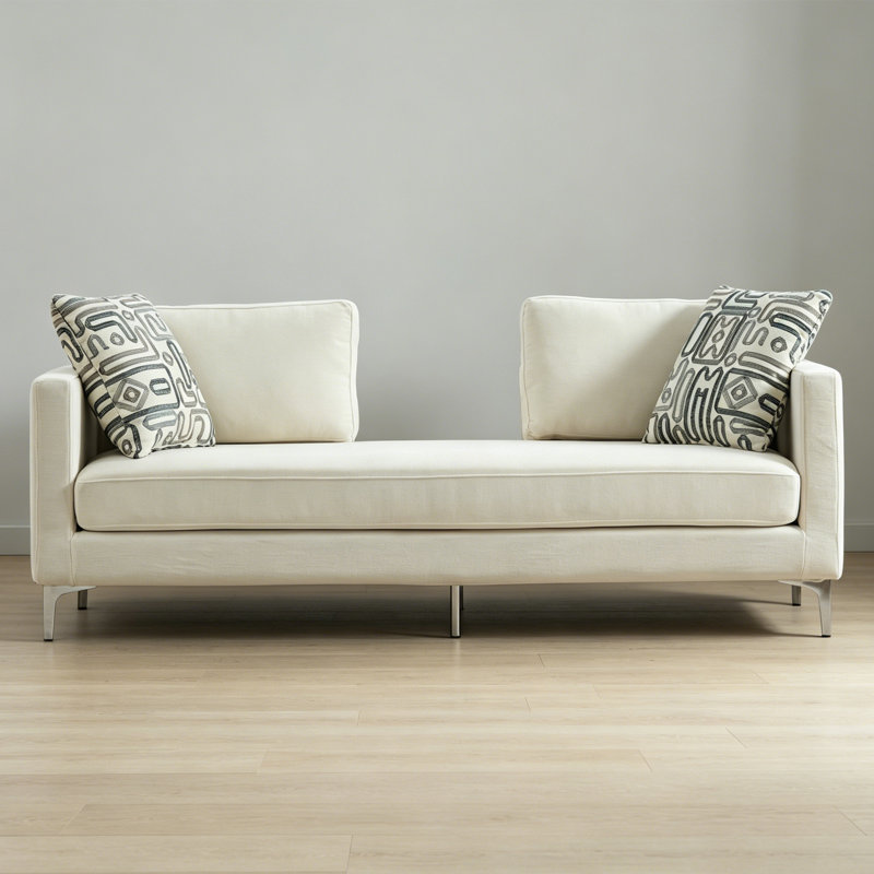 Banquette 77,5 po avec méridienne rembourrée en chenille et canapé-lit avec pieds en métal et 4 coussins décoratifs, Ivory
