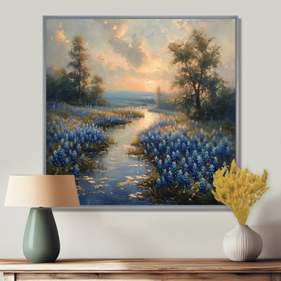 Bleu, bleu, matin, magie, bleu, Bonnets, champs, bleu, bonnets, art mural, salon