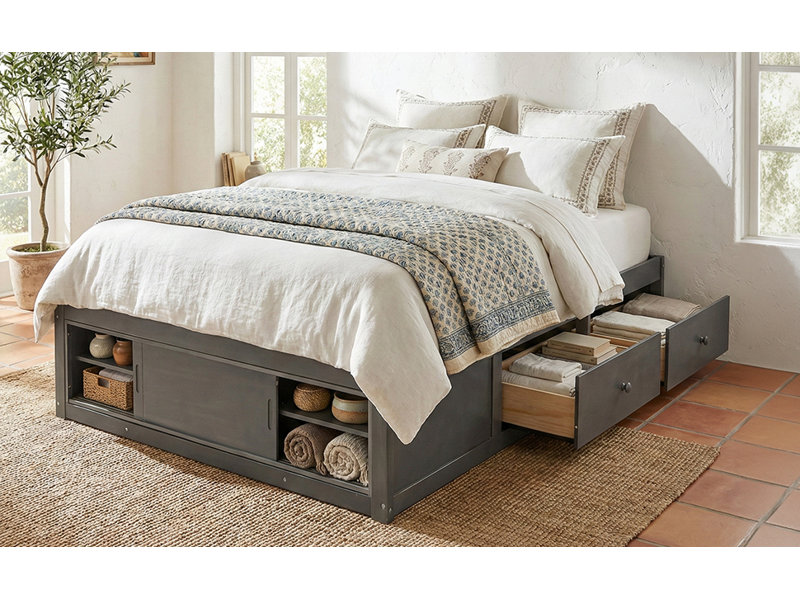 Structure de lit plateforme grand format avec 4 tiroirs de rangement et un casier de rangement au pied de lit, sans tête de lit, design moderne et peu encombrant - gris antique