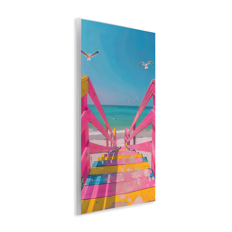 Plaque murale rétro avec escalier de plage rose, design par LSR Design Studio, H 15 po x l 10 po