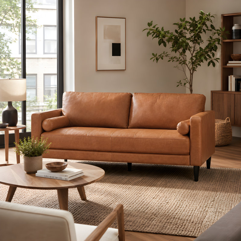 74" Esin Mid-Century Modern Genuine Leather 3-Seater Sofa, Couch for Living Room, Plush Foam Seating, Solid Wood Legs, Ideal for Small Spaces