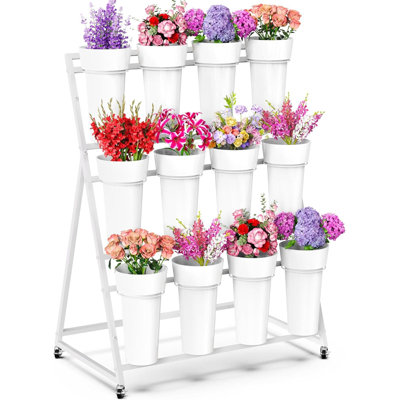 Présentoir à fleurs à 3 niveaux avec 12 seaux, chariot en métal robuste avec roues verrouillables pour une utilisation intérieure et extérieure dans un jardin
